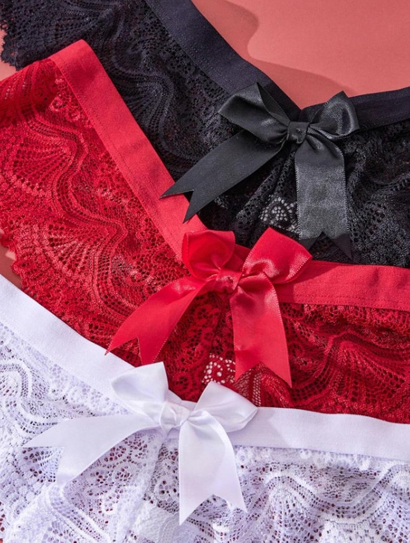 Amazleer 3 PCS Women's Lace Thong Panties with Random Bow Knot Sexy Cheeky Bikini Underwear - Image 3